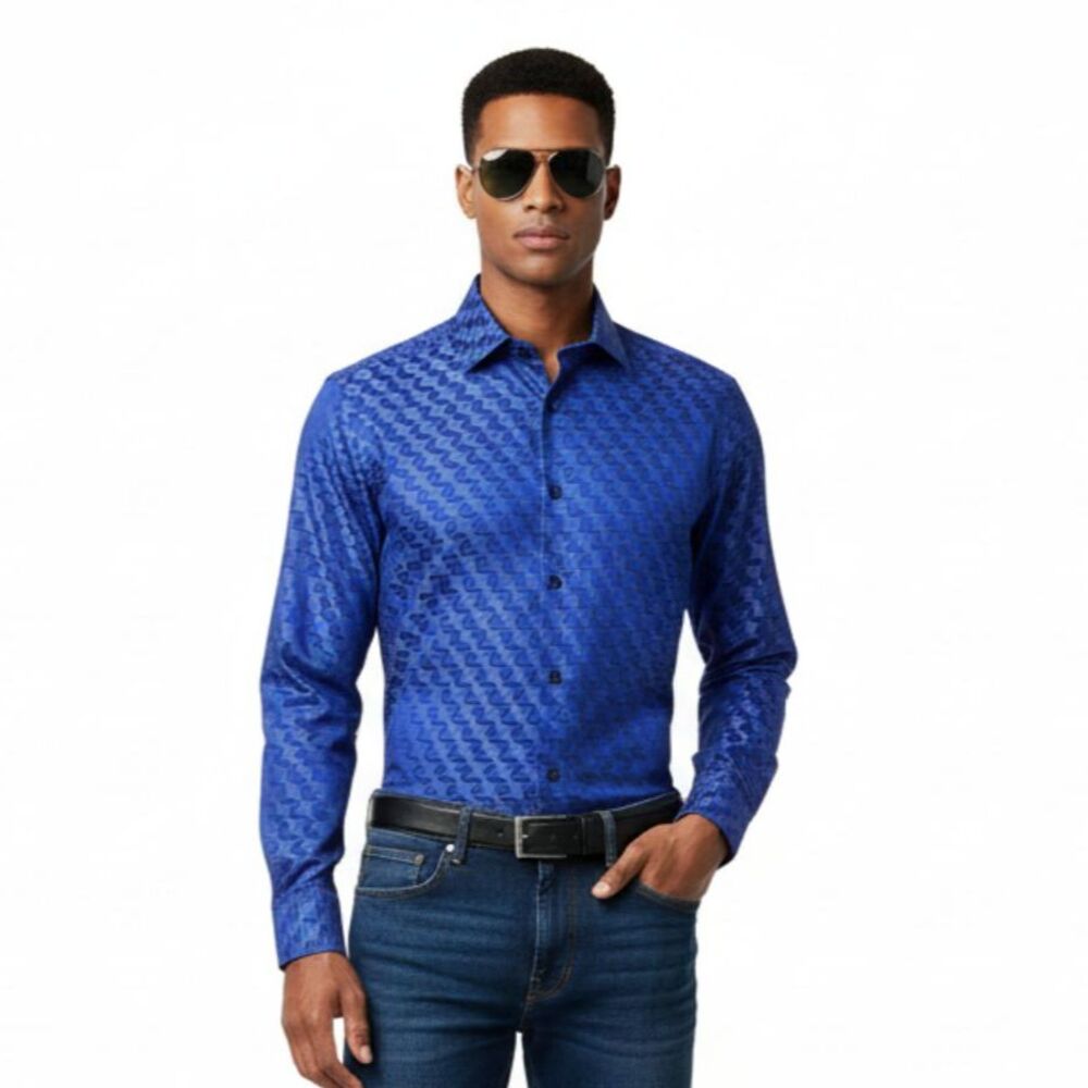 Murano Men’s Blue Print Long Sleeve Slim Fit Button Up Shirt NEW L